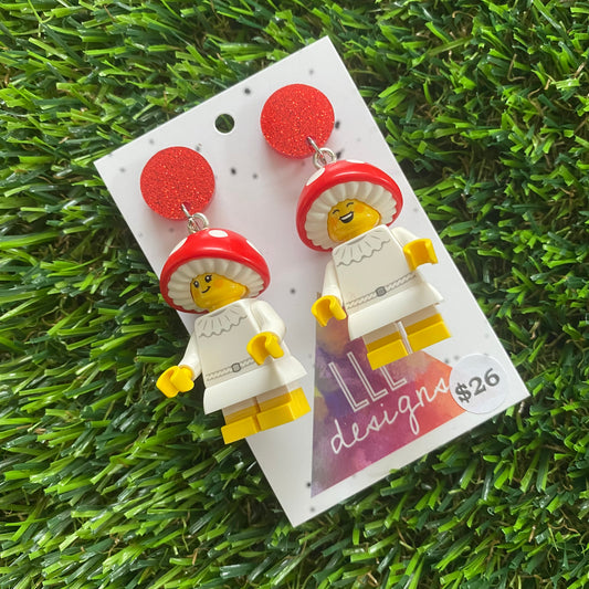 Magical Mushroom Girl Brick Character Earrings - Featuring Glittery Red Top!