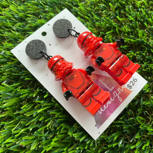 Red Space Soldier Brick Character Dangle Earring - Featuring Glittery Black Top!