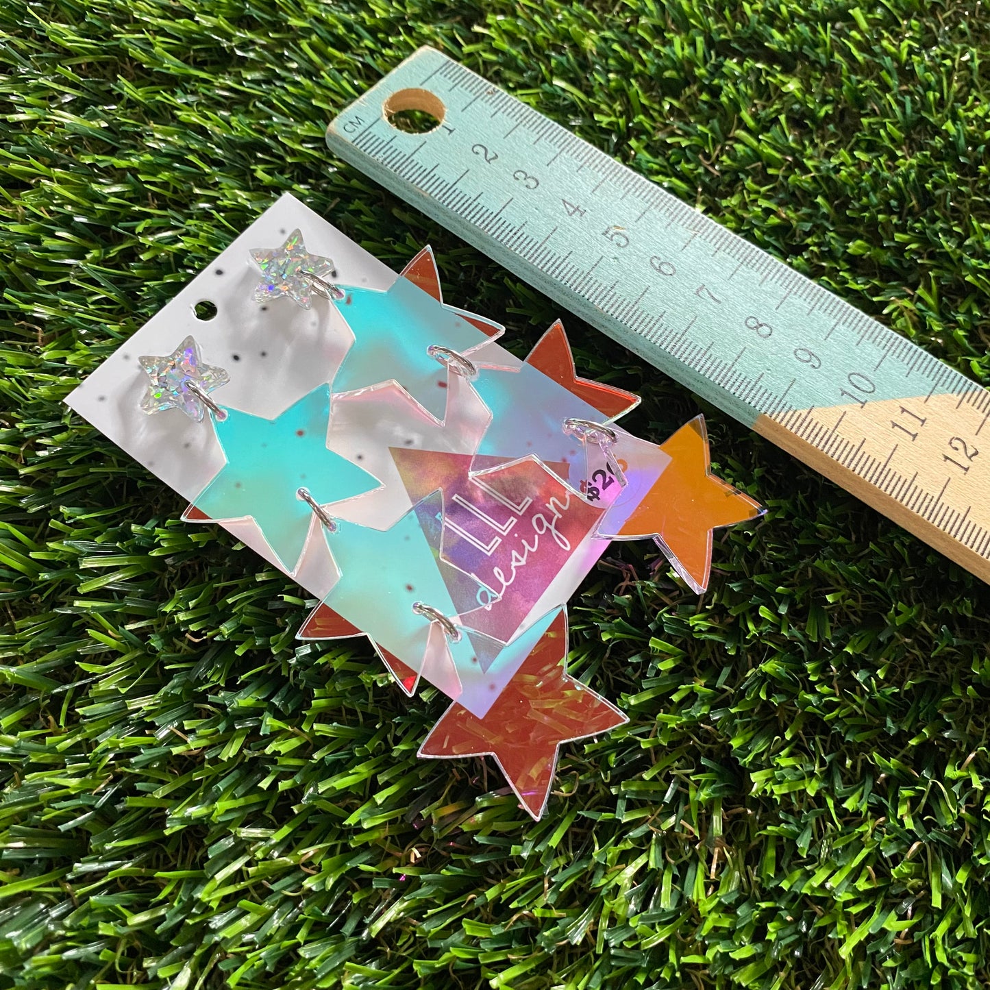 Star Earrings - Mega Iridescent Trio of Stars with Holographic Star Top!