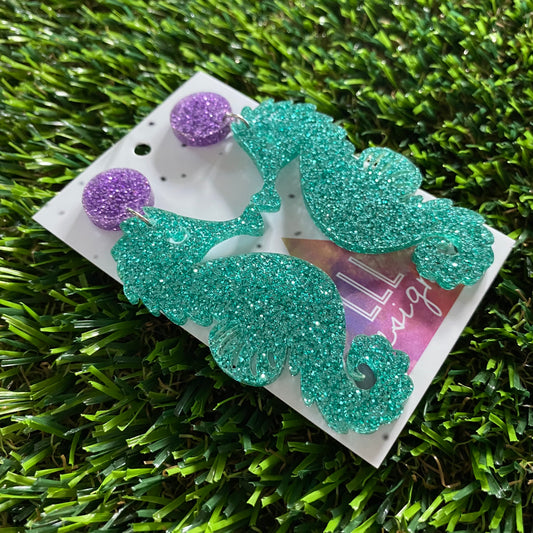 Seahorse Earrings - Glitter Aqua Large Seahorse Dangles with Glitter Purple Top!