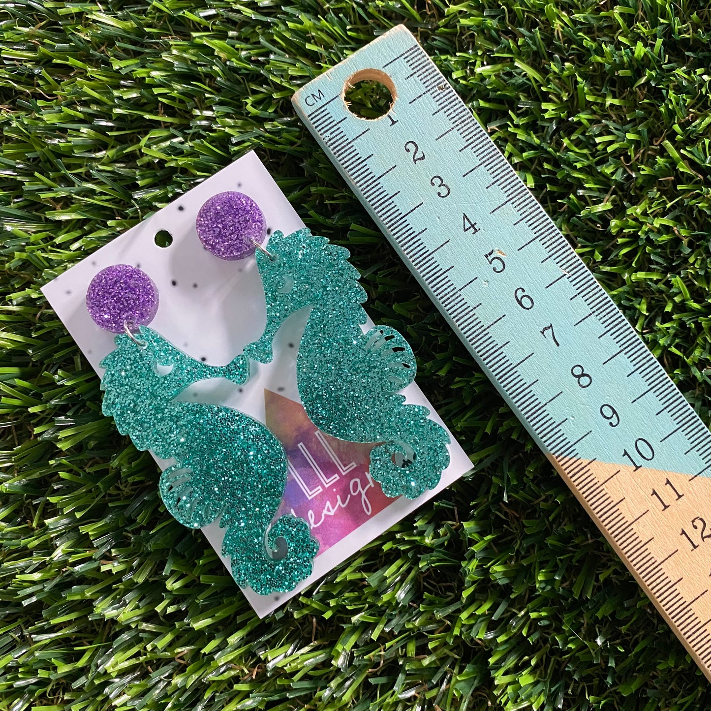 Seahorse Earrings - Glitter Aqua Large Seahorse Dangles with Glitter Purple Top!