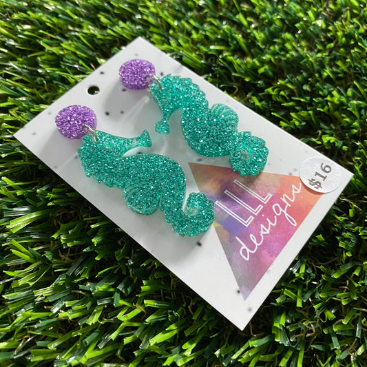 Seahorse Earrings - Glitter Aqua Medium Seahorse Dangles with Glitter Purple Top!
