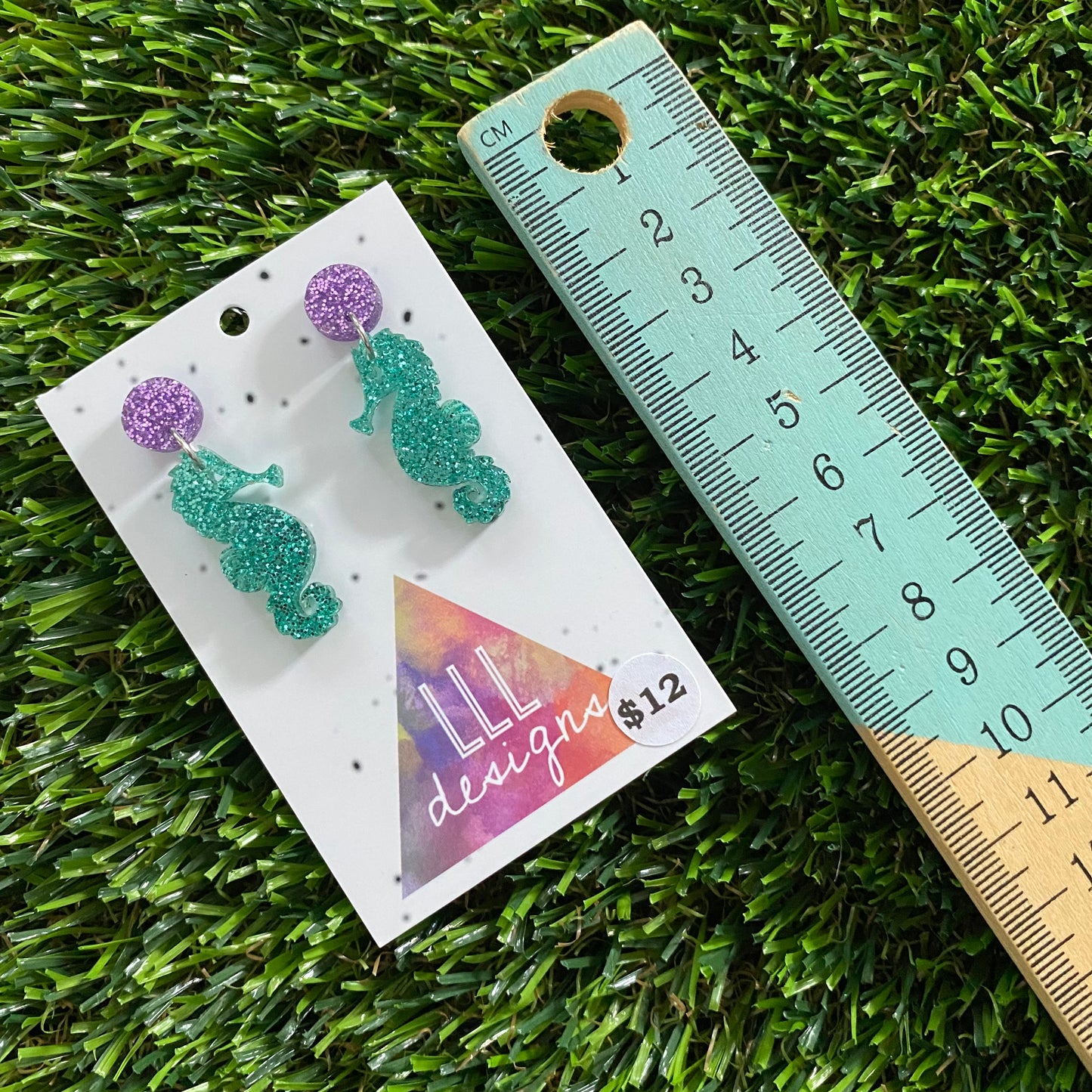 Seahorse Earrings - Glitter Aqua Small Seahorse Dangles with Glitter Purple Top!