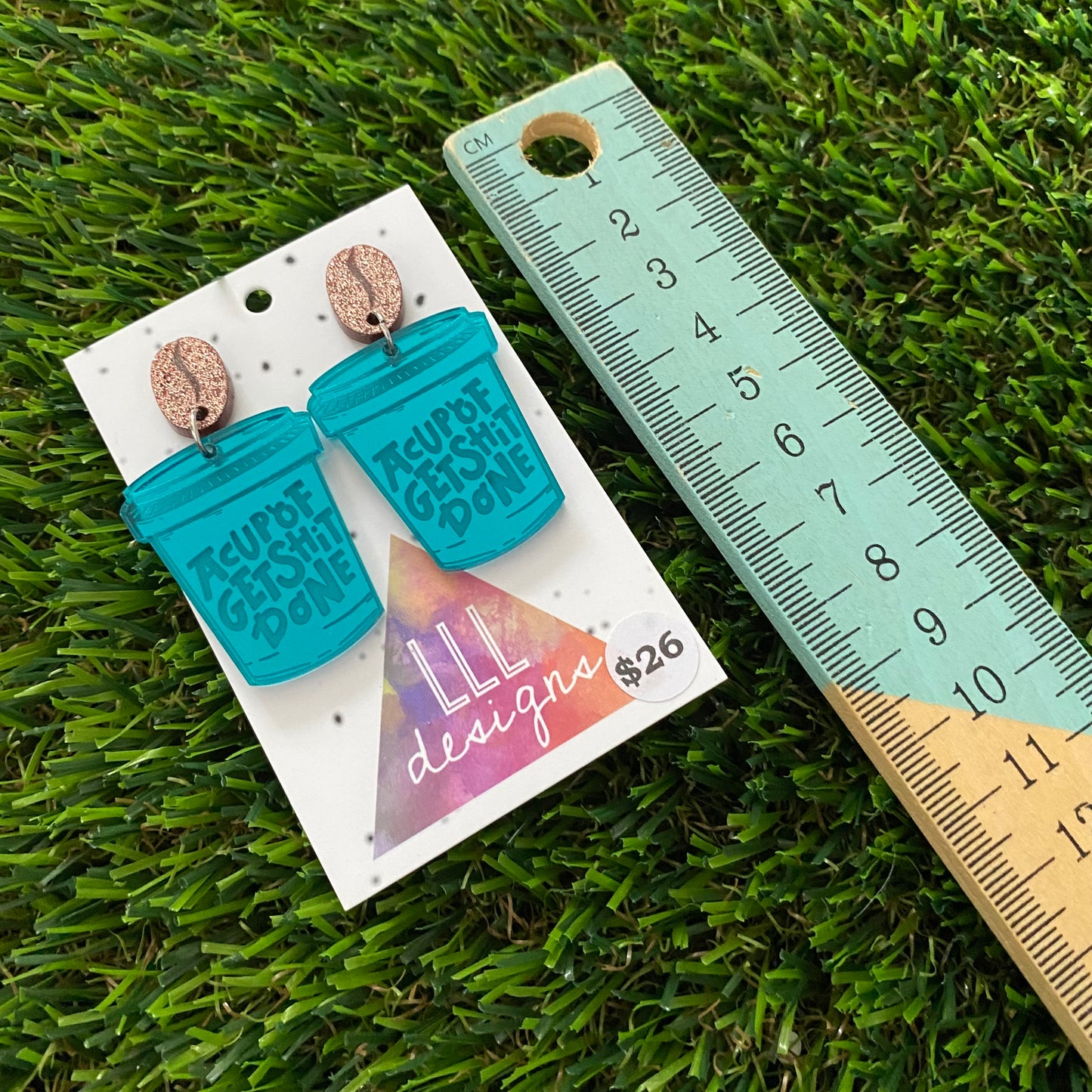 Coffee Earrings - Get A Cup of Sh!t Done in Mirror Teal with Glitter Coffee Bean Top!