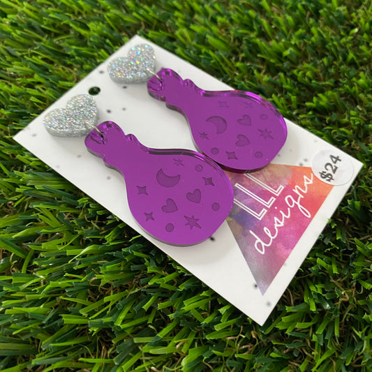 Potion Earrings - Purple Potions with Glitter Silver Heart Top!