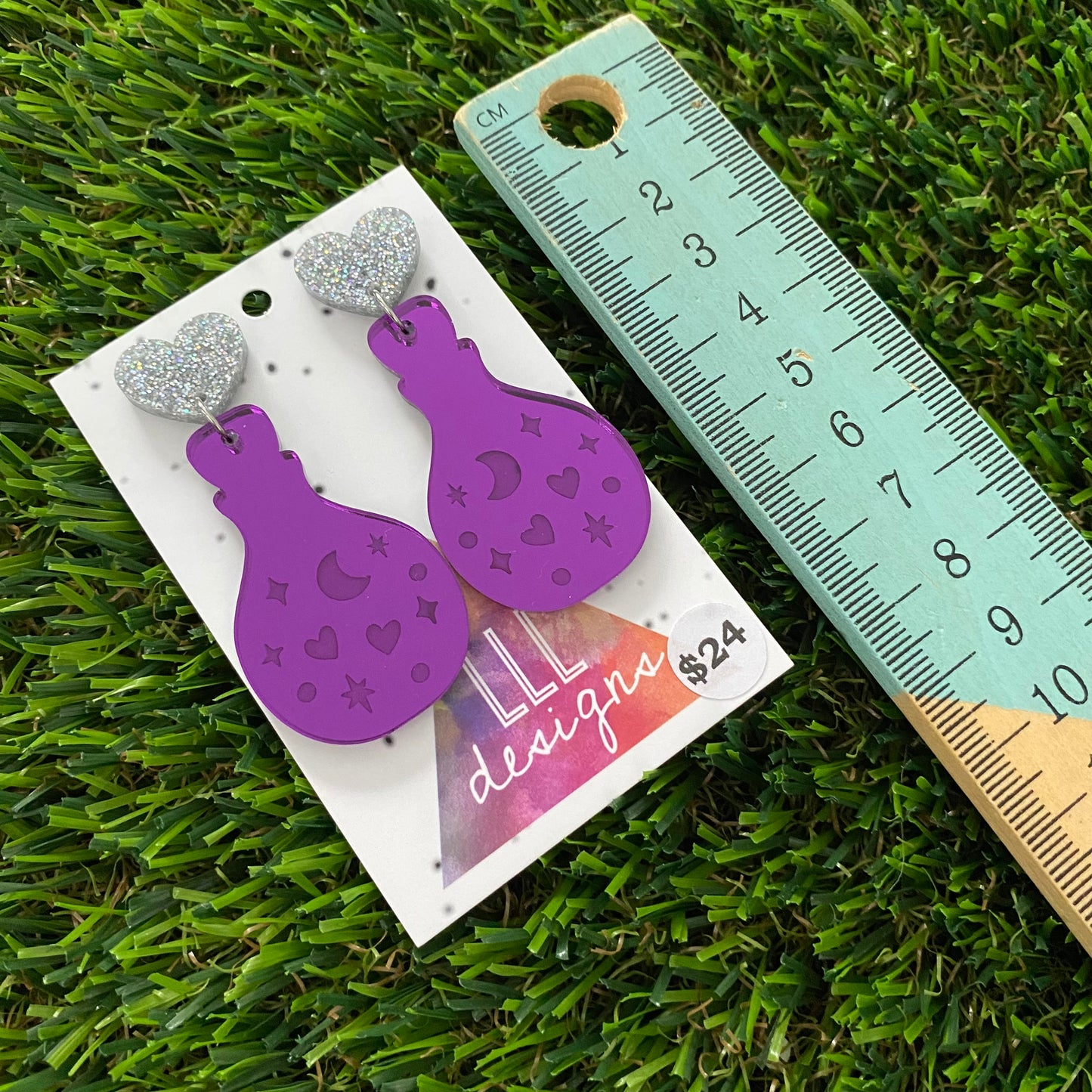 Potion Earrings - Purple Potions with Glitter Silver Heart Top!