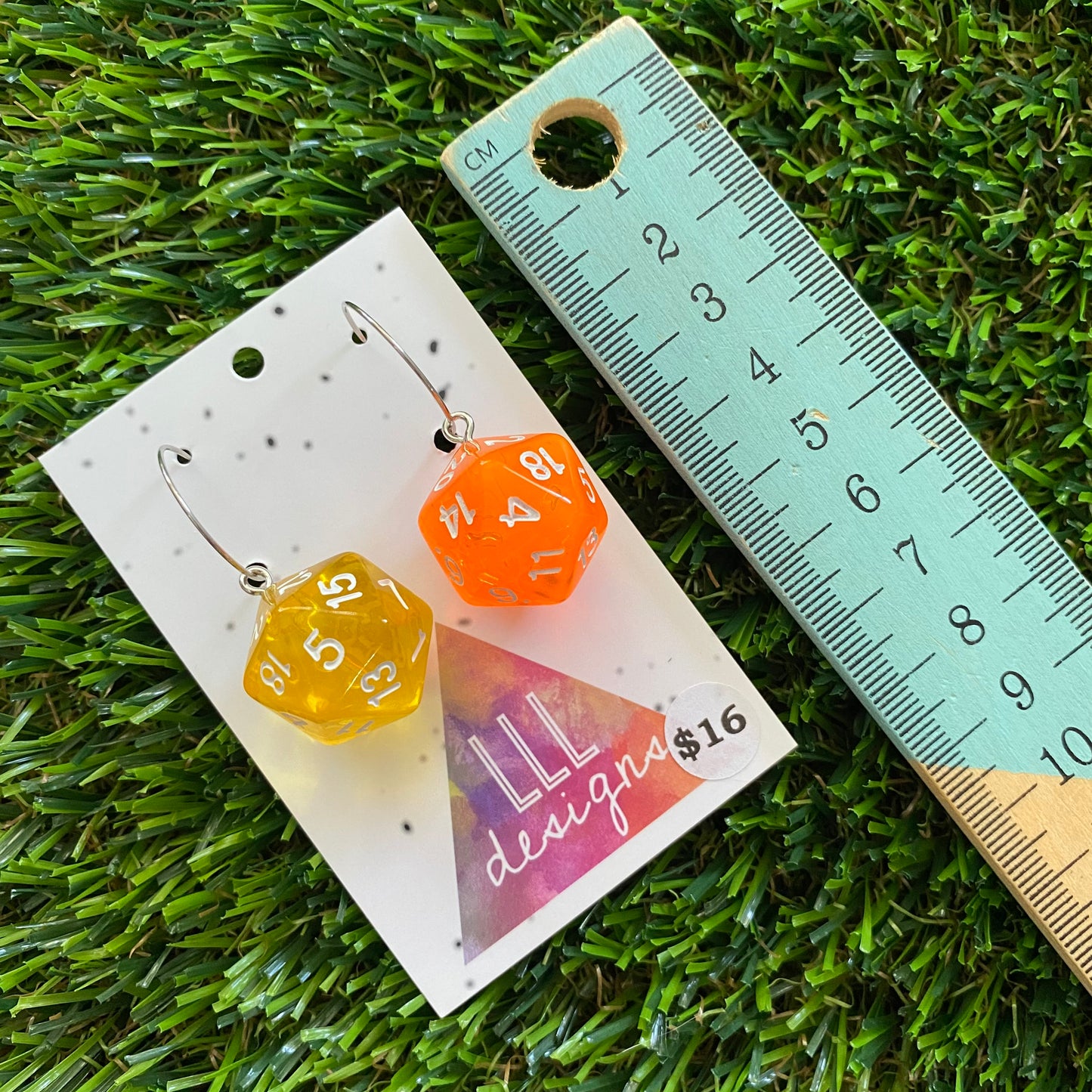 Dice Earrings - Yellow and Orange Multi Dice with Silver Hoops!