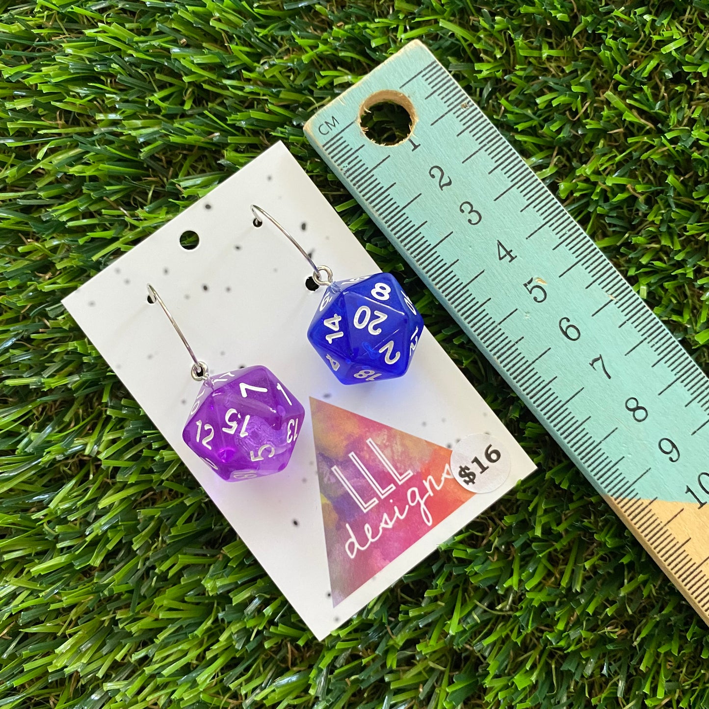 Dice Earrings - Purple and Blue Multi Dice with Silver Hoops!