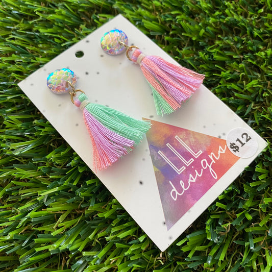 Tassel Earrings - Rainbow Tassels with Mermaid Scale Tops!