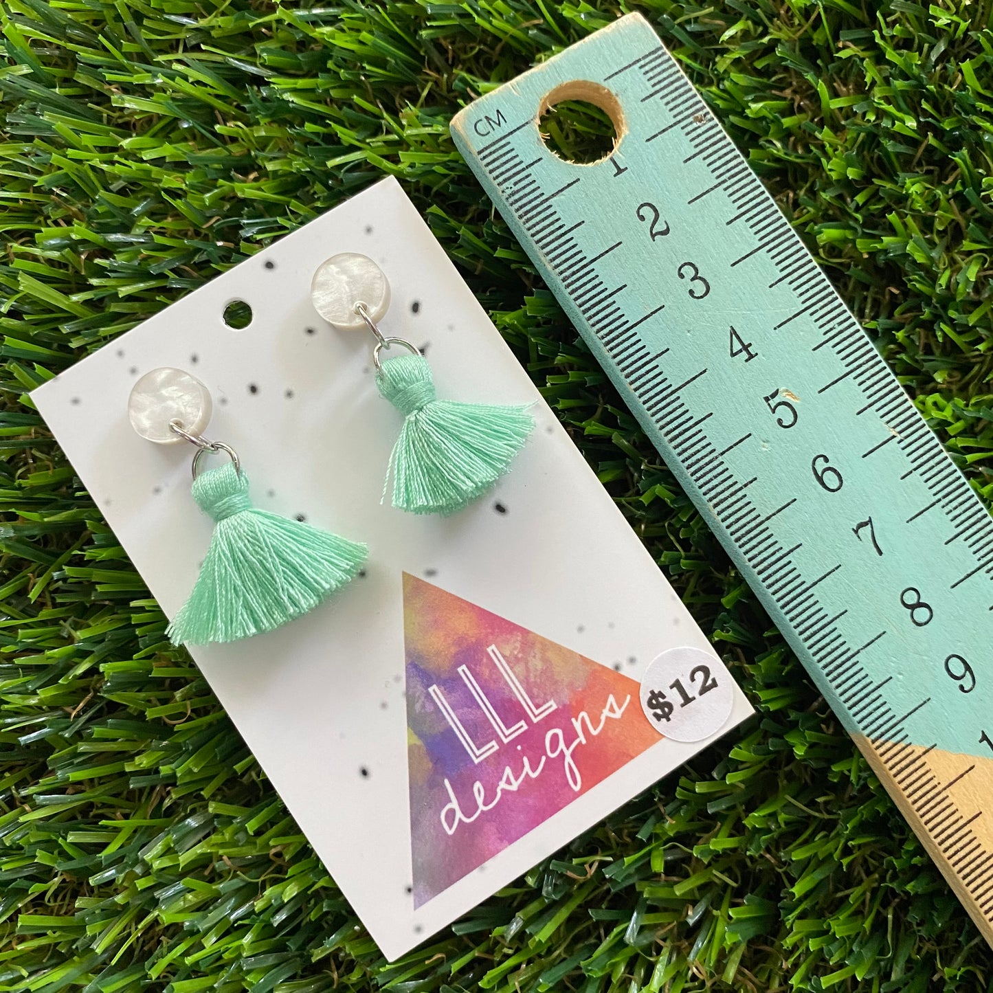 Mini Tassel Earrings - Mini Pastel Mint Tassels with Pearlescent Tops!