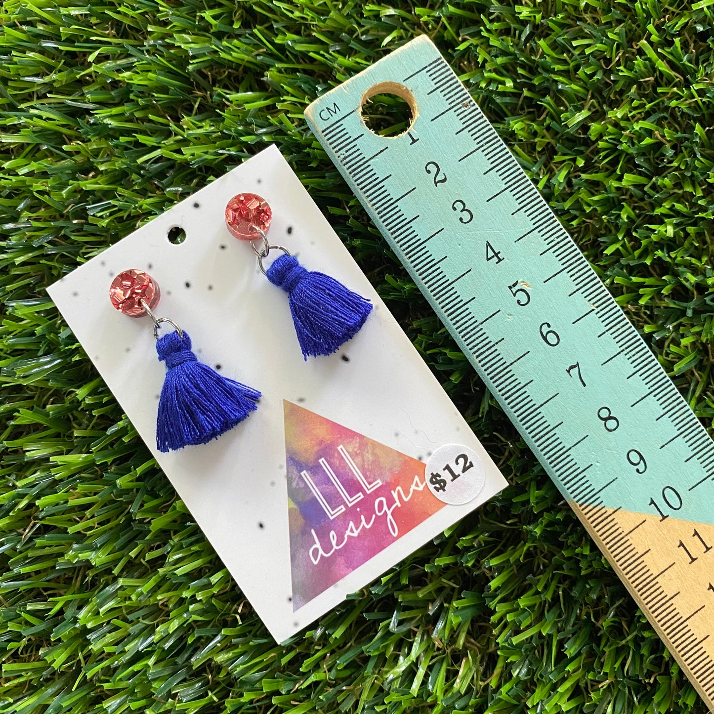 Mini Tassel Earrings - Mini Royal Blue Tassels with Dusty Pink Confetti Tops!