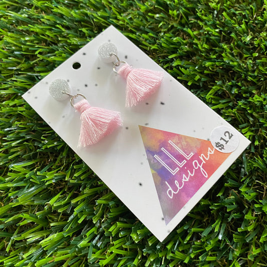 Mini Tassel Earrings - Mini Pastel Pink Tassels with Glitter Silver Tops!