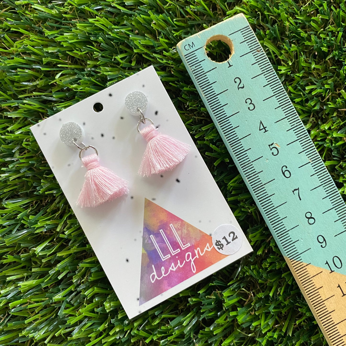 Mini Tassel Earrings - Mini Pastel Pink Tassels with Glitter Silver Tops!