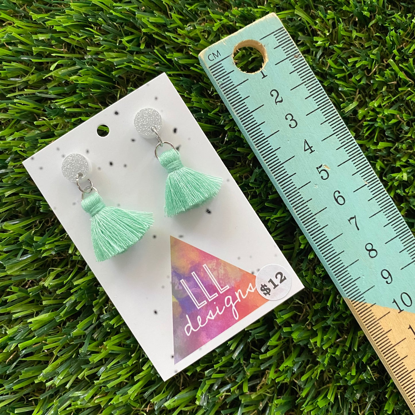 Mini Tassel Earrings - Mini Pastel Mint Tassels with Glitter Silver Tops!