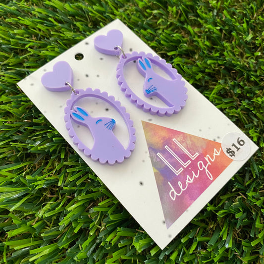 Easter Earrings - Pastel Purple Easter Bunny Cameo with Blue Hand Painted Detailing and Pastel Purple Heart Tops!