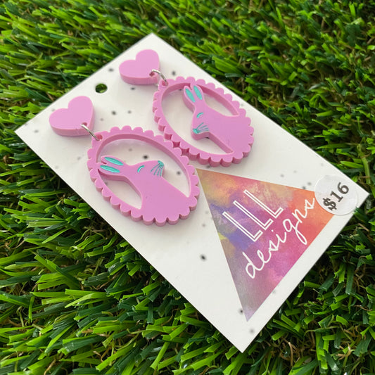 Easter Earrings - Pastel Pink Easter Bunny Cameo with Mint Hand Painted Detailing and Pastel Pink Heart Tops!