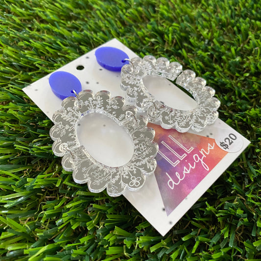 Floral Earrings - Intricate Mirror Floral Lace Scalloped Oval Dangles with Royal Blue Tops!