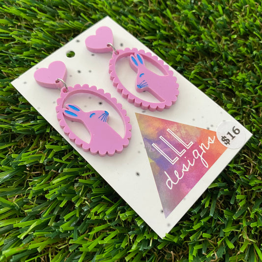 Easter Earrings - Pastel Pink Easter Bunny Cameo with Royal Blue Hand Painted Detailing and Pastel Pink Heart Tops!