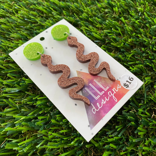 Snake Earrings - Small Glitter Brown Snake with Light Glitter Green Top!