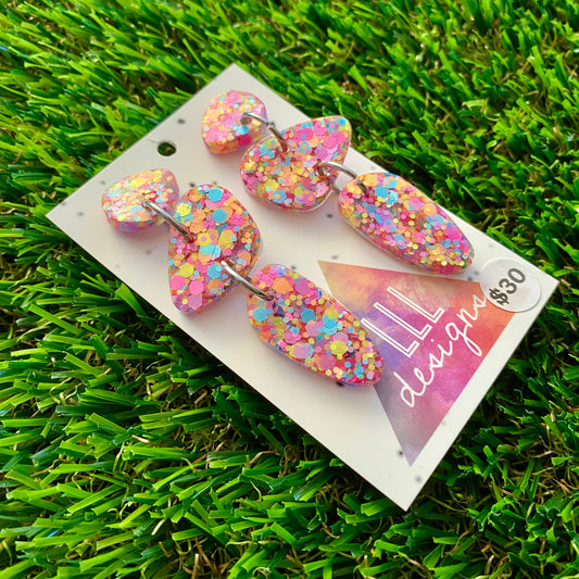 ON SALE!!!!!! Resin Earrings - Rainbow Confetti Pebble Dangles - Dino Design!