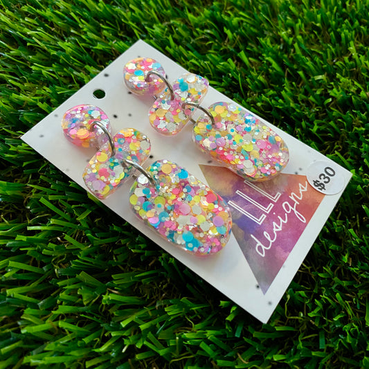 ON SALE!!!!!! Resin Earrings - Silver Rainbow Confetti Pebble Dangles - Betty Design!