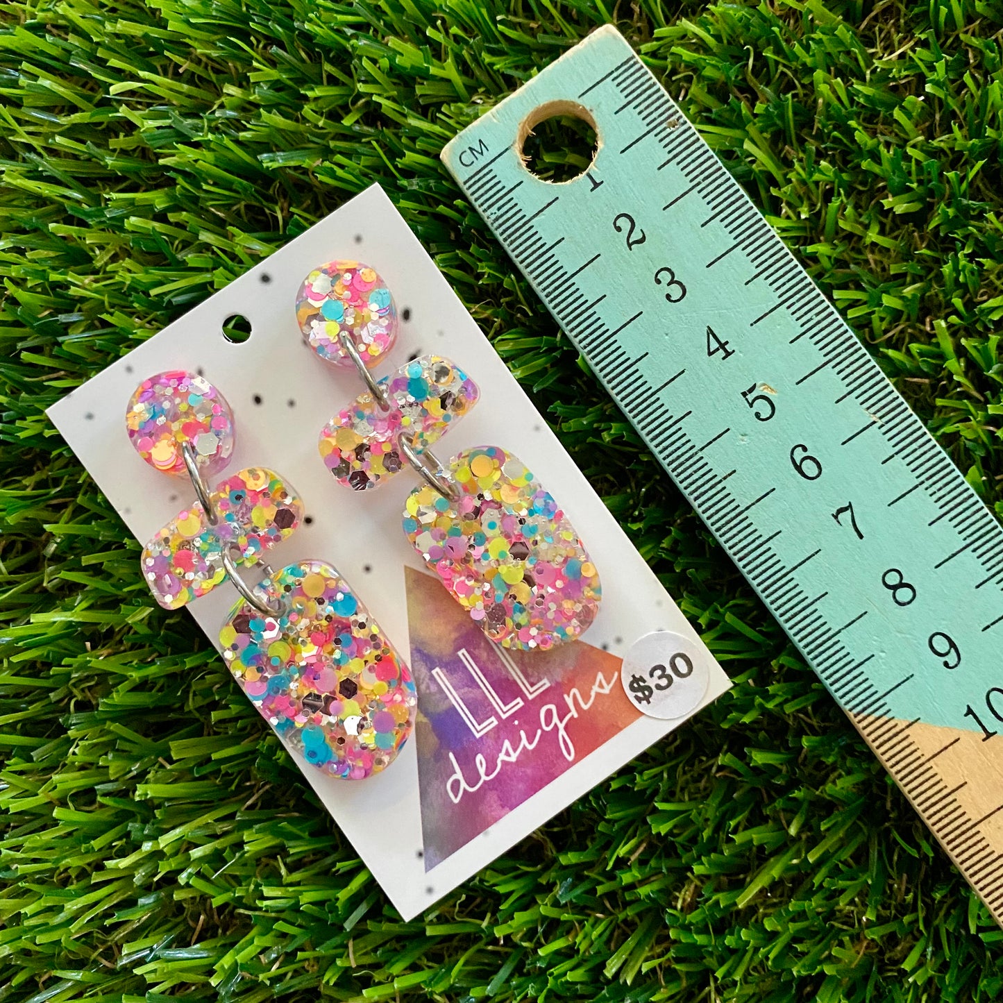 ON SALE!!!!!! Resin Earrings - Silver Rainbow Confetti Pebble Dangles - Betty Design!