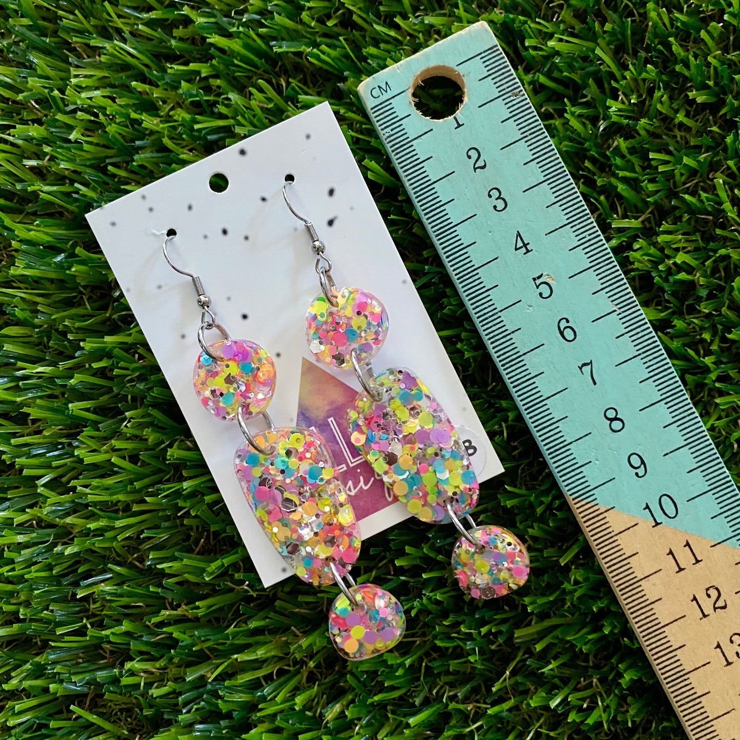 ON SALE!!!!!! Resin Earrings - Silver Rainbow Confetti Pebble Dangles - Fred Design Featuring a Hook Top!