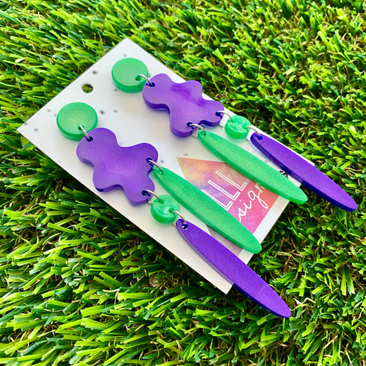 ON SALE!!!!!! Resin Earrings - Purple and Green Wiggle Woo Dangles!