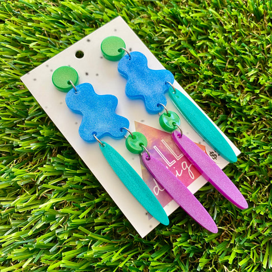 ON SALE!!!!!! Resin Earrings - Blue, Purple and Green Wiggle Woo Dangles!