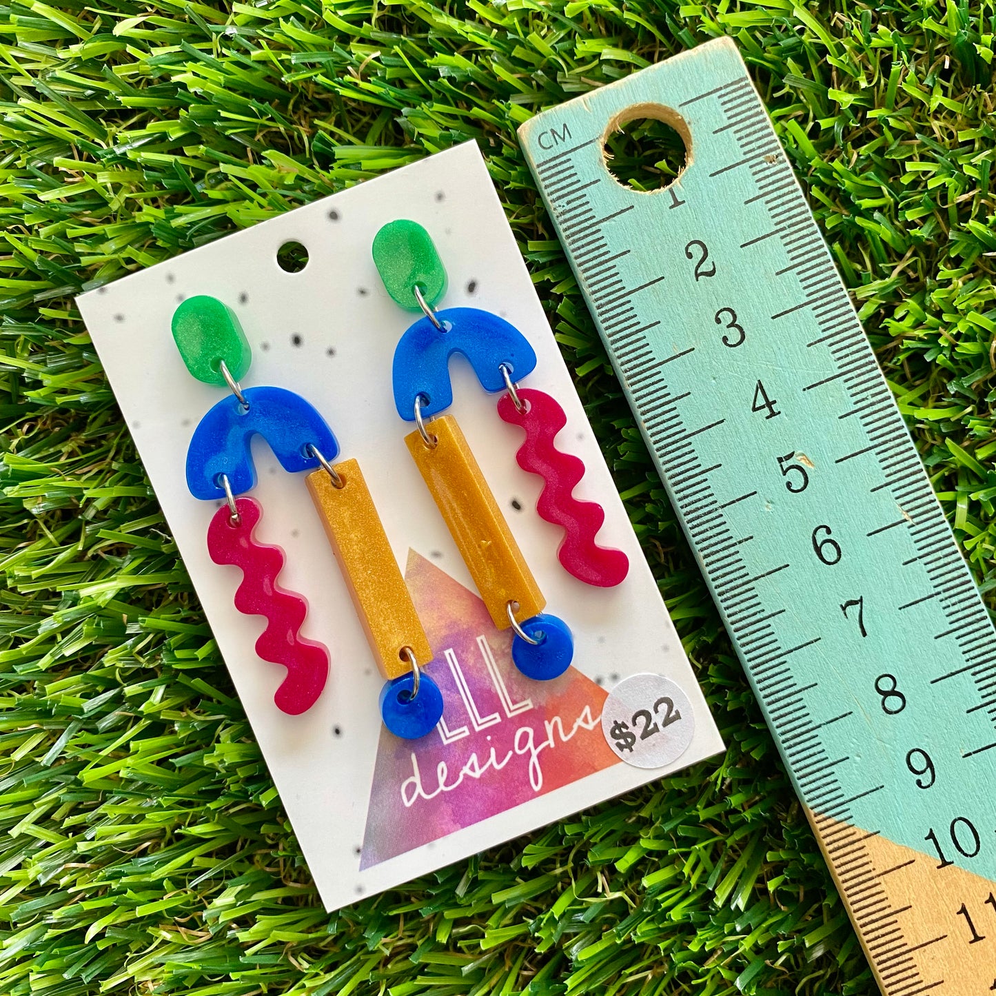 ON SALE!!!!!! Resin Earrings - Green, Blue, Red and Gold A Bit of Everything Dangles!