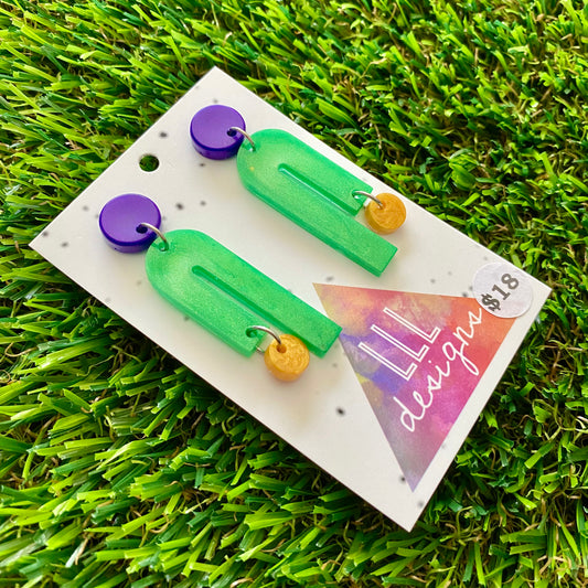 ON SALE!!!!!! Resin Earrings - Purple, Green, Gold Side Hustle Dangles!
