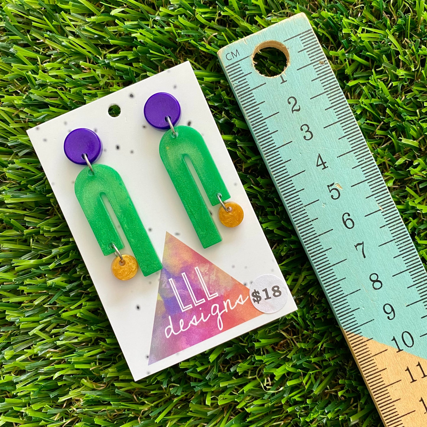 ON SALE!!!!!! Resin Earrings - Purple, Green, Gold Side Hustle Dangles!