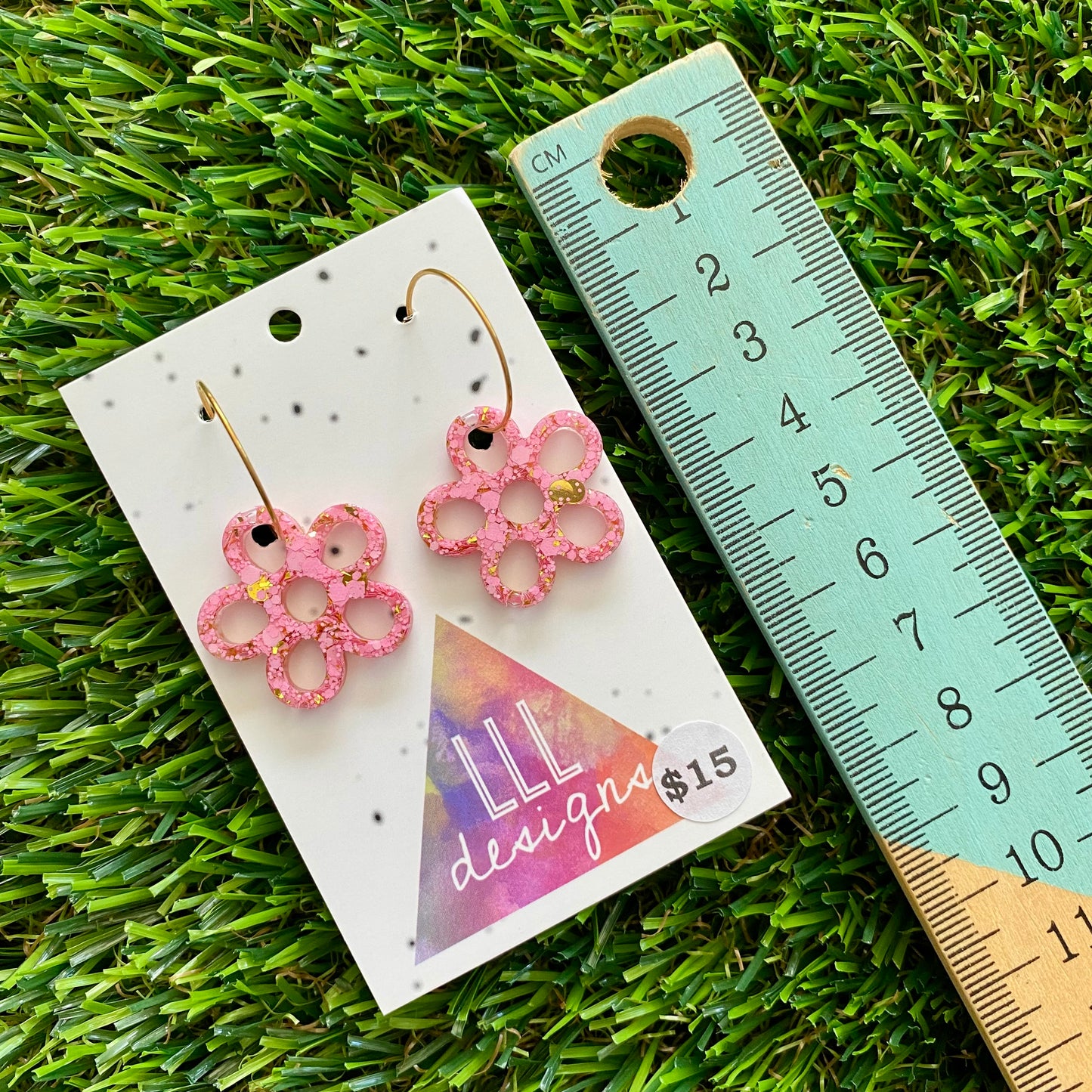 ON SALE!!!!!! Resin Earrings - Pink and Gold Confetti Dangles - Outlined Daisy Featuring a Gold Hoop!