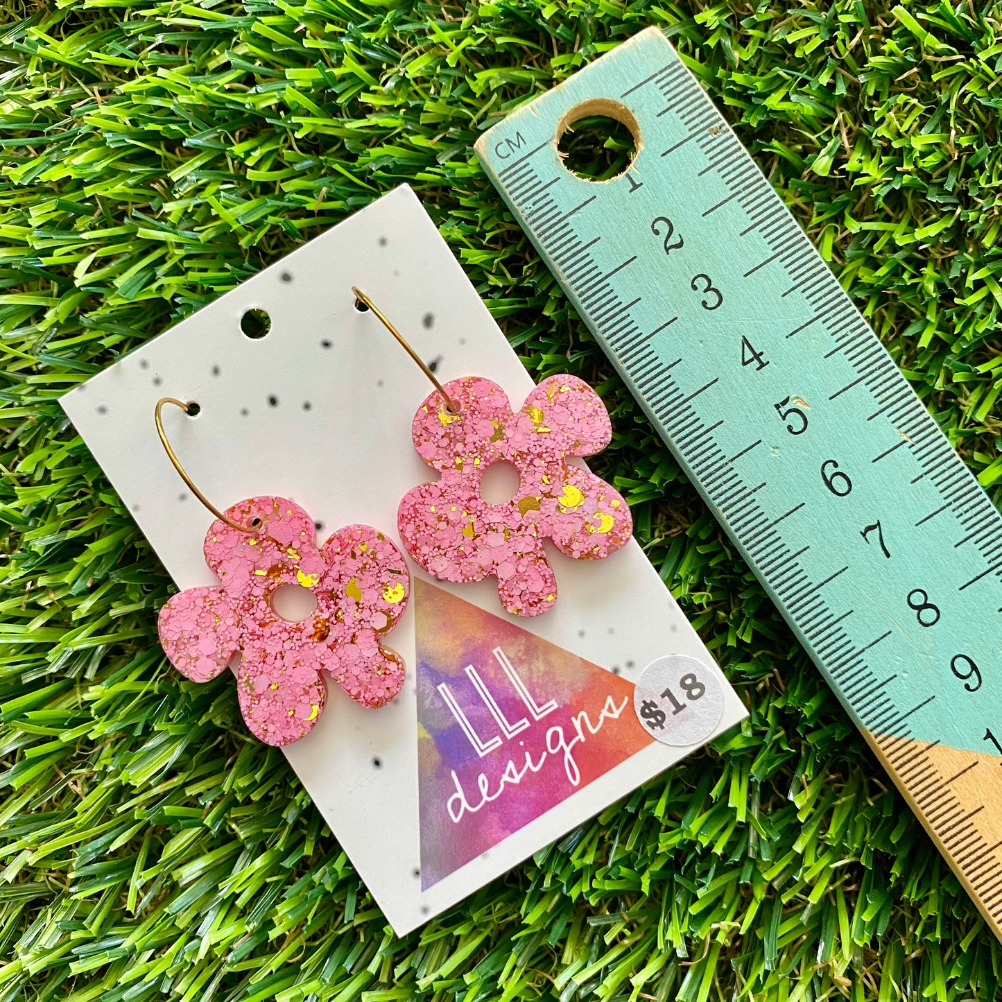 ON SALE!!!!!! Resin Earrings - Pink and Gold Confetti Dangles - Asymmetrical Daisy Featuring a Gold Hoop!