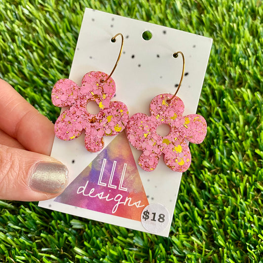 ON SALE!!!!!! Resin Earrings - Pink and Gold Confetti Dangles - Asymmetrical Daisy Featuring a Gold Hoop!