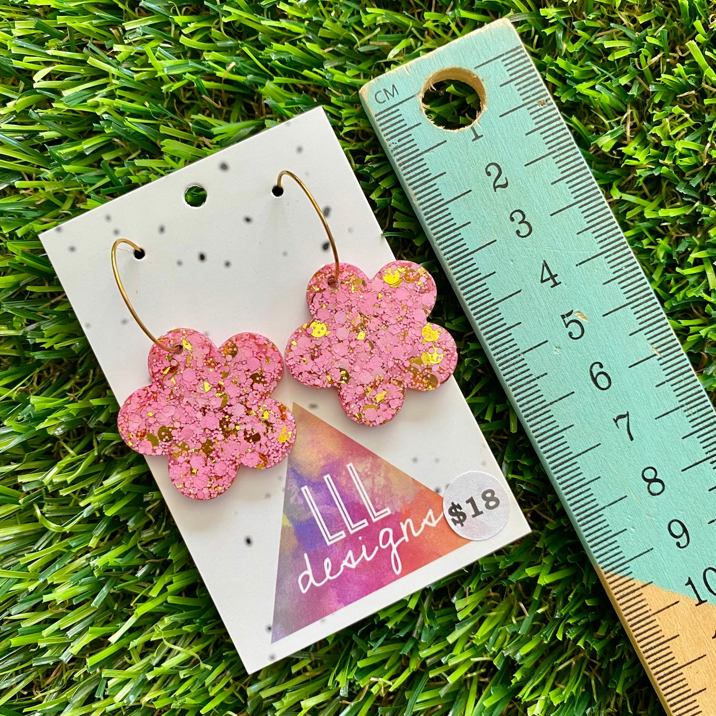 ON SALE!!!!!! Resin Earrings - Pink and Gold Confetti Dangles - Solid Daisy Featuring a Gold Hoop!