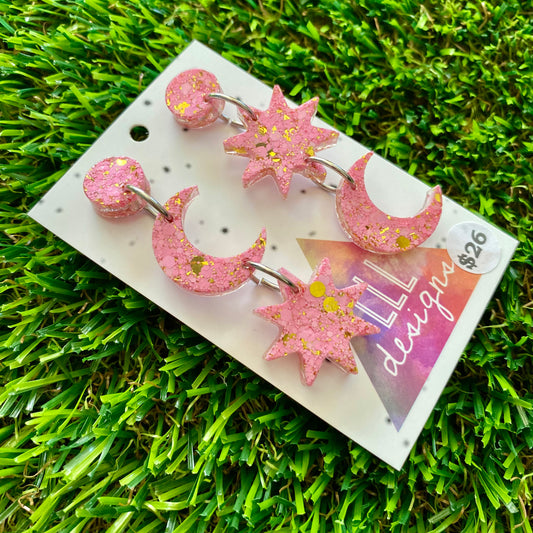 ON SALE!!!!!! Resin Earrings - Pink and Gold Confetti Star Gazing Dangles!