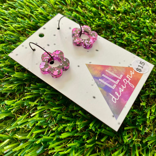 ON SALE!!!!!! Resin Earrings - Pink and Black Confetti Dangles - Mini Daisies Featuring a Black Hoop!