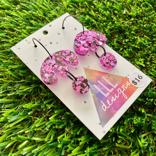 ON SALE!!!!!! Resin Earrings - Pink and Black Confetti Dangles - Droplet Flower Featuring a Black Hoop!