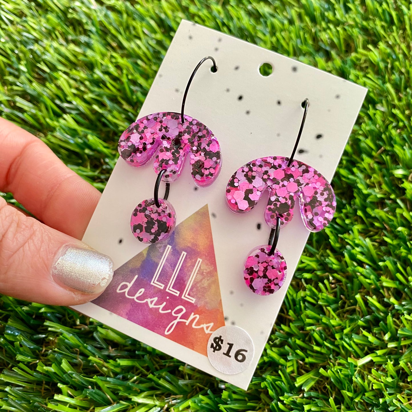 ON SALE!!!!!! Resin Earrings - Pink and Black Confetti Dangles - Droplet Flower Featuring a Black Hoop!