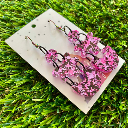 ON SALE!!!!!! Resin Earrings - Pink and Black Confetti Dangles - Multilayered Dangles Featuring a Rainbow Hook Top!