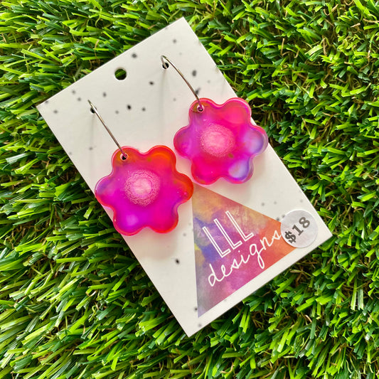 ON SALE!!!!!! Alcohol Ink Resin Earrings - Pink and Purple Flowers Featuring a Silver Hoop!