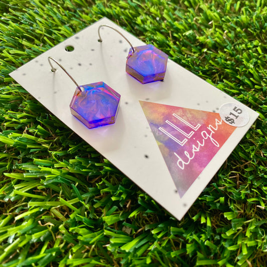 ON SALE!!!!!! Alcohol Ink Resin Earrings - Blue and Pink Hexagons Featuring a Silver Hoop!