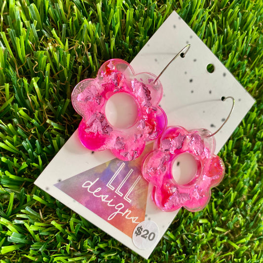 ON SALE!!!!!! Alcohol Ink Resin Earrings - Pink and White Daisies with Pink Foil Featuring a Silver Hoop!
