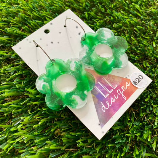 ON SALE!!!!!! Alcohol Ink Resin Earrings - Green and White Daisies Featuring a Silver Hoop!