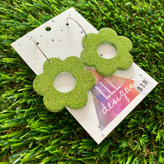 ON SALE!!!!!! Resin Earrings - Olive Glitter Daisies Featuring a Silver Hoop!