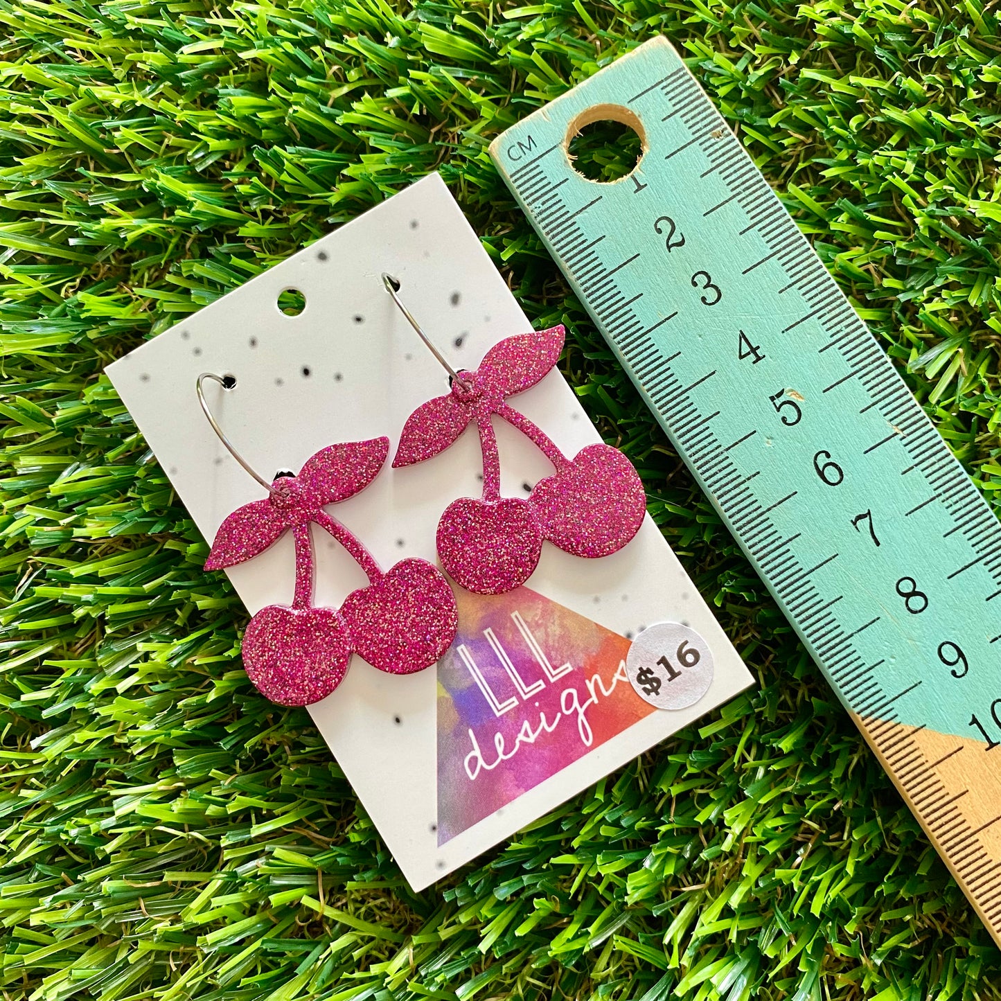 ON SALE!!!!!! Resin Earrings - Pink Glitter Cherries Featuring a Silver Hoop!