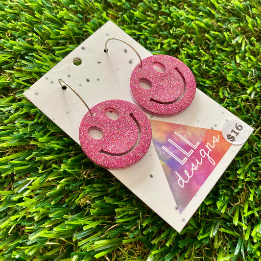 ON SALE!!!!!! Resin Earrings - Pink Glitter Smiley Featuring a Silver Hoop!