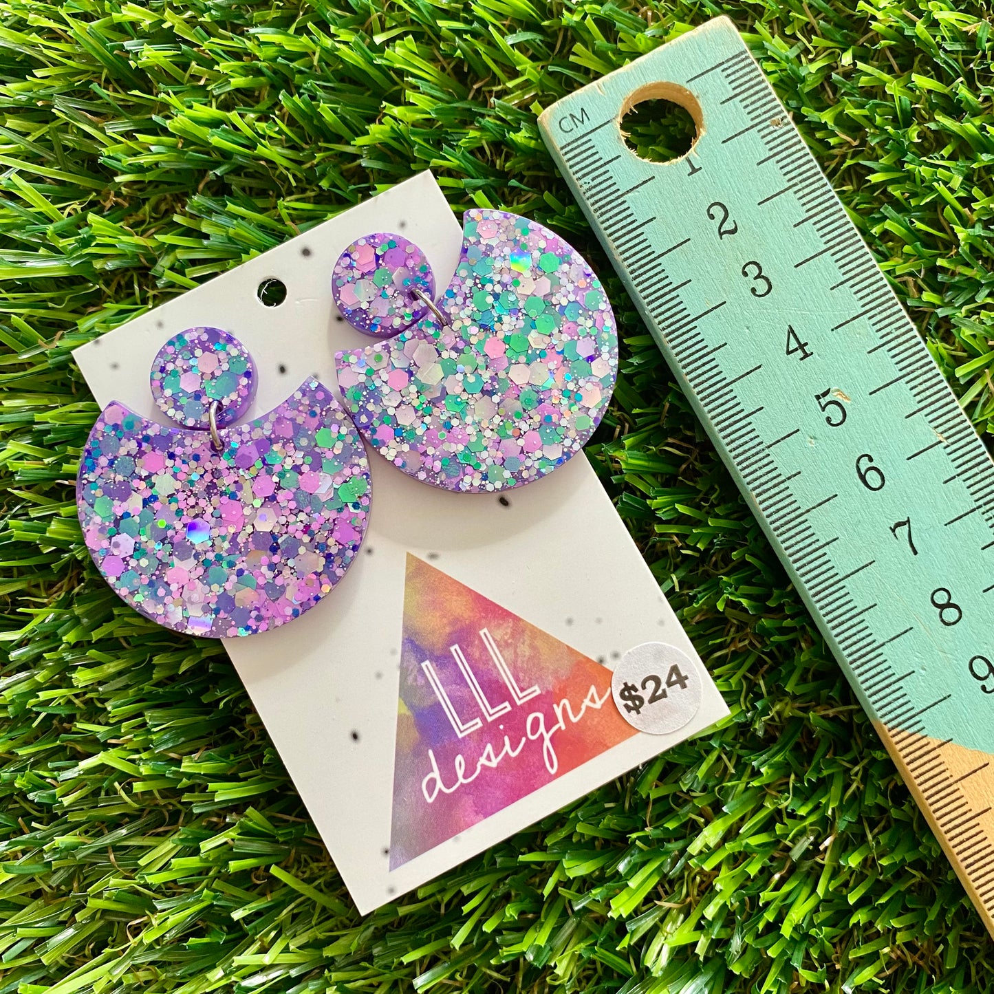 ON SALE!!!! Resin Earrings - Purple Multi Glitter Crescent Dangles!