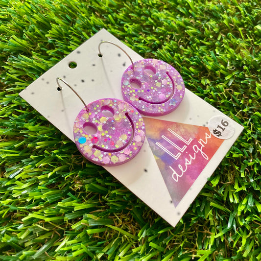 ON SALE!!!! Resin Earrings - Purple and Yellow Confetti Smiley Faces Featuring Silver Hoops!